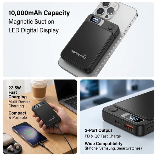 15W Panther Force 10K mAh Wireless Magnetic Power Bank 22.5W PD with 2 ...