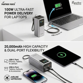 100W Power Bank 20000mAh Capacity + Smart TFT Screen Panther Force Signature Premium Quality with USB-C Cable: 2 Ports USB-C PD & USB-A Fast Charging, Flight-Approved for Travel & Business Use