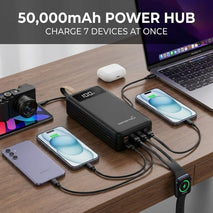 50,000mAh Panther Force Power Bank with 7 Ports: 1x USB-C, 4x USB-A, 1x Micro USB & 1x MFi Apple, Reliable Rechargeable Battery Pack Compatible with Mac/Windows/Apple/Android Devices