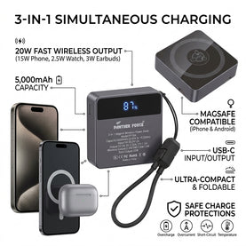 20W Magsafe 5,000mAh Powerbank 3-in-1x Magnetic Wireless Charger, 1 USB-C Port for iPhone, Android, Apple Watch & Earbuds, USB-C & Temperature Protection - Compact, Slim and Pocket-friendly