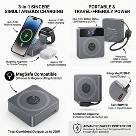 20W Magsafe 5,000mAh Powerbank 3-in-1x Magnetic Wireless Charger, 1 USB-C Port for iPhone, Android, Apple Watch & Earbuds, USB-C & Temperature Protection - Compact, Slim and Pocket-friendly