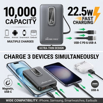 Panther Force Ultra-Thin 10,000mAh Magnetic Wireless 22.5W Power Bank with Stand & Integrated Cable - Compatible with iPhone 12–17 Series, Samsung Galaxy S21–S26 Series & Wireless Earbuds