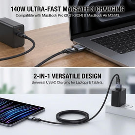 240W 2-in-1 USB-C to USB-C 2M Cable with 140W MagSafe 3 Fast Charging Adapter – Compatible with MacBook Pro 14” & 16” (2021–2024), MacBook Air M2/M3, USB-C Laptops & Devices