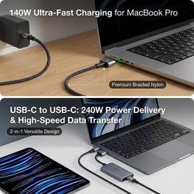 240W 2-in-1 USB-C to USB-C 2M Cable with 140W MagSafe 3 Fast Charging Adapter – Compatible with MacBook Pro 14” & 16” (2021–2024), MacBook Air M2/M3, USB-C Laptops & Devices