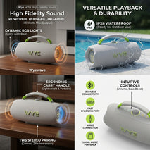 40W Portable Bluetooth Speaker – Grey, High-Fidelity Hi-Fi Wireless Speaker with Deep Bass, RGB Lights, IPX6 Waterproof, TWS, USB-C, AUX & TF Card