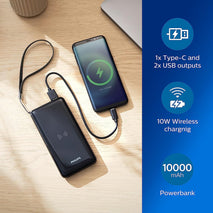 Philips 10000mAh Power Bank with 1x Type-C and 2x USB-A Ports Qi Wireless Charging Function - interiorautotech